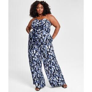 NWT Women's 22W Nina Parker Convertible Blue Leopard Print Wide Leg Jumpsuit